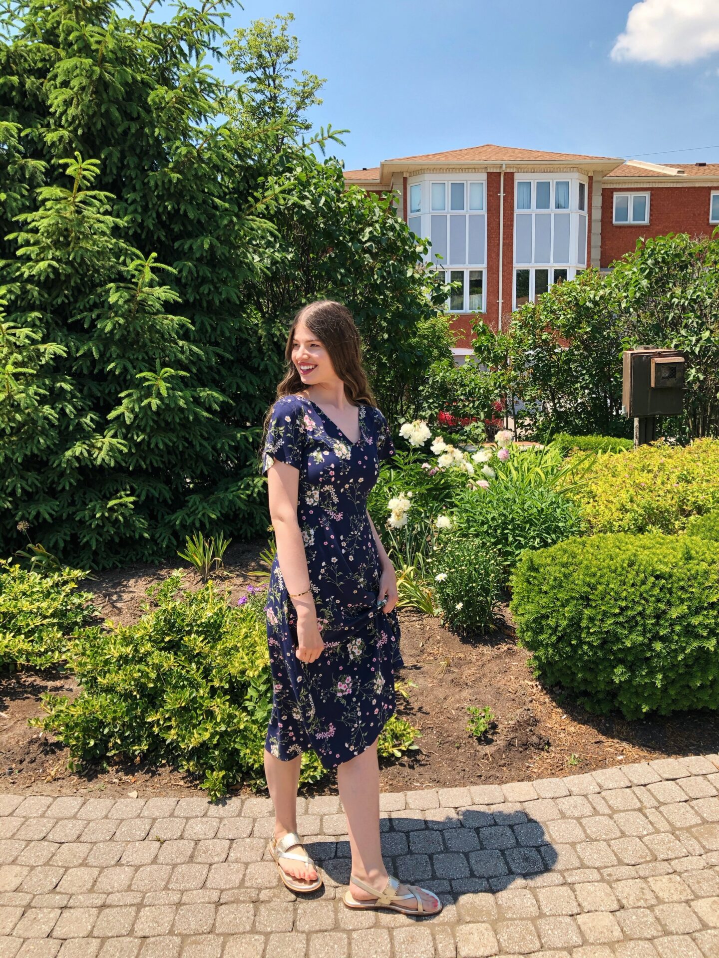 Old Navy Navy Floral Fit & Flare V-Neck Midi Dress, Cole Haan Soft Gold Metallic Leather Anica Scallop Thong Sandal